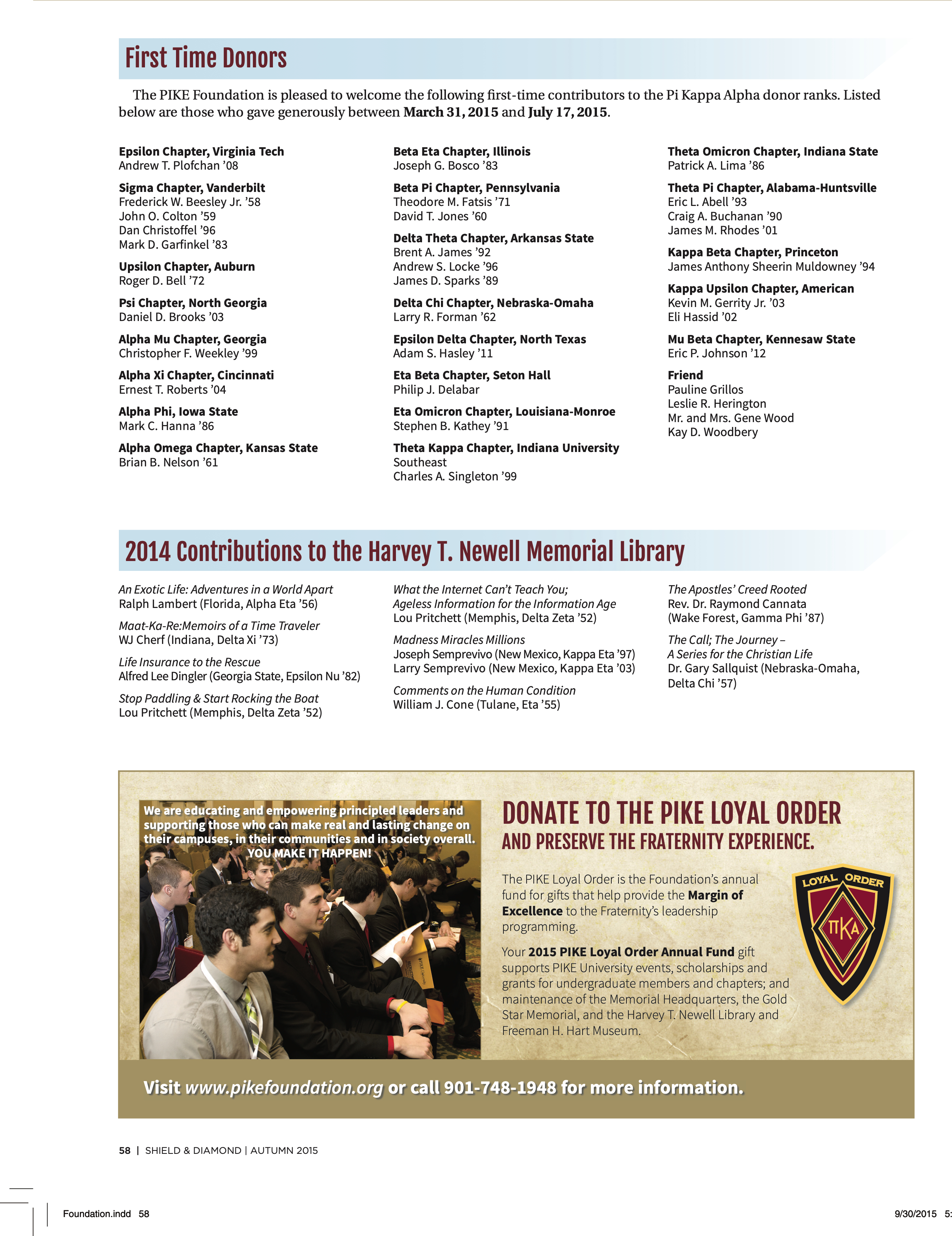 Pi Kappa Alpha Foundation: First Time Donors, Autumn 2015